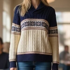 Vintage Jantzen Fair Isle Collared Cable Knit Pullover Ski Sweater Made in USA